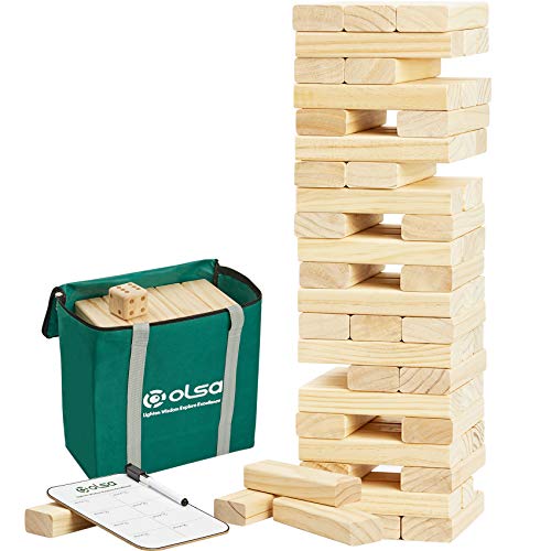 Olsa Giant Tumble Tower, 60 PCS Wooden Block Stacking Yard Game with Carrying Bag, Classic Indoor & Outdoor Games for Kids Adults Family (Stack from 2.2 Ft to 5 Ft)