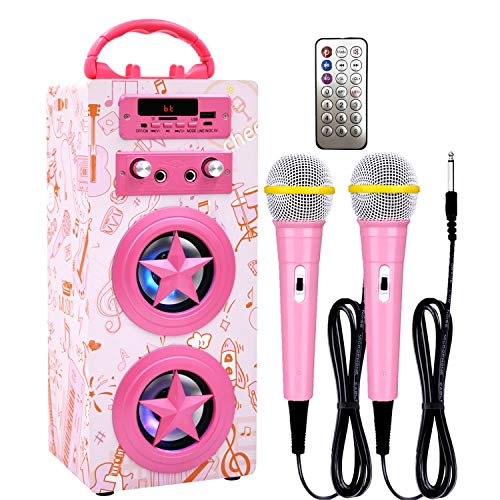 Kidsonor Kids Bluetooth Karaoke Machine with 2 Microphones, Wireless Remote Control Portable Karaoke Music MP3 Player Loudspeaker with Microphones for Kids Adults Home Party (Pink)