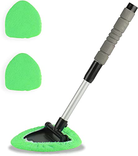 JUSTTOP Windshield Cleaning Tool, Car Window Cleaner with Unbreakable Extendable Long-Reach Handle and Washable Reusable Microfiber Cloth, Car Exterior Accessories, Green