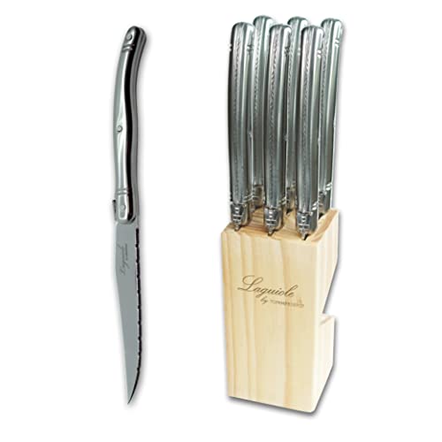 TopKnife Laguiole 6 pcs Steak Knife Set – Stainless Steel Handle – Pine Wood Block