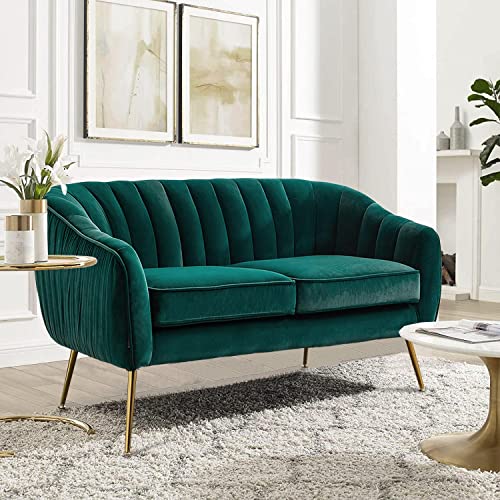 Altrobene Velvet Love Seat, Modern Sofa Couch Chair for Living Room Bedroom, Soft Upholstered, Golden Tone Metal Legs, Christmas Green