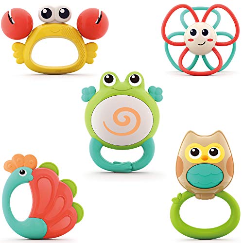 Yiosion Baby Rattle Teether Sets Musical Rattles Toys Babies Grab Shaker and Spin Rattle Toy Early Educational Toys Gifts Set for 3, 6, 9, 12 Months Newborn Baby Infant Boys Girls