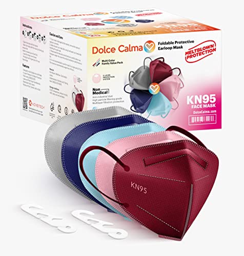 Dolce Calma KN95 Face Mask, 25 Pack, 5 Layer, Multicolor, Gray, Royal Blue, Light Blue, Pink, Maroon, Individually Wrapped Filter Efficiency≥95%