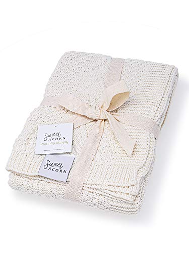 Sweet Acorn Knit Baby Blanket in Cable Pattern, Organic Cotton Blankets for Crib or Stroller, Receiving Blankets – Salt White