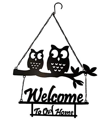 Vintage Metal Owls Welcome Door Sign Handcrafted Hanging Owl Ornament Kitchen Office Living Room Garden Porch Wall Art Decoration 23”H