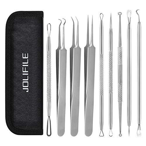 Blackhead Remover Tool,JOLIFILE Upgraded 9 Pcs Pimple Popper Tool Kit,Extractor Tools with Tweezers,Removal Comedone Whitehead Set,Large Size-Silver