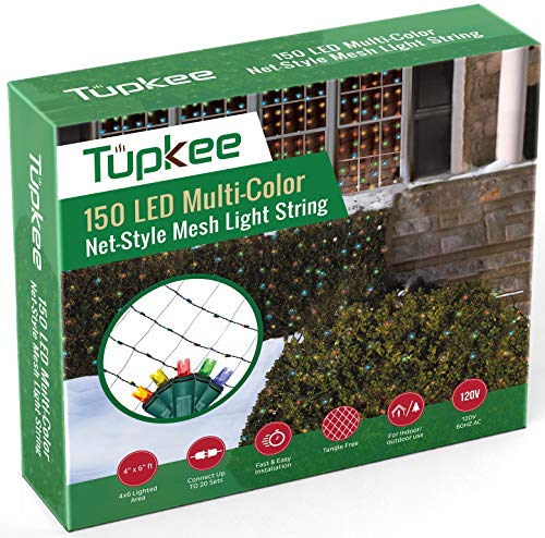 Tupkee Christmas Light Net – 150 LED Multi-Color Mesh Lights – 4 ft x 6 ft – Outdoor / Indoor – Net Lights for Bushes, Hedges or Trees