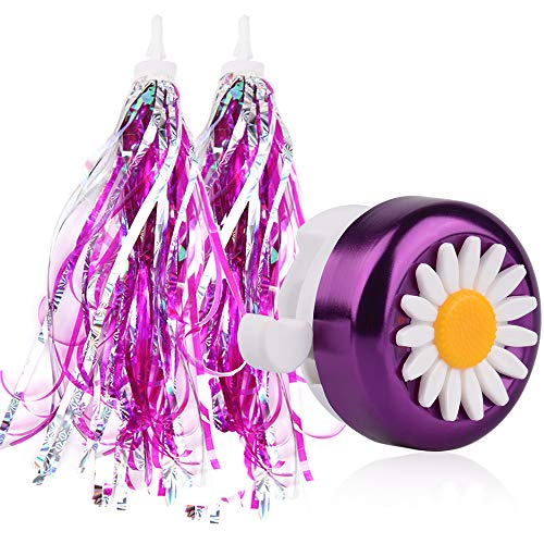 U-LIAN Kids Purple Streamers and Bike Bell for Girls-1 Pack Flower Bicycle Bell with 2 Pack Handlebar Streamers Scooter Tassels for Children’s Bike Accessories