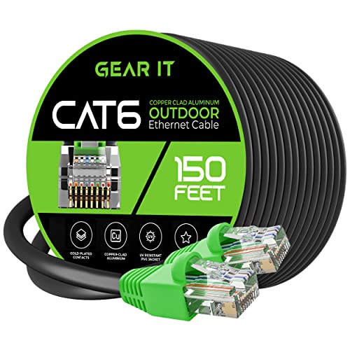 GearIT Cat6 Outdoor Ethernet Cable (150 Feet) CCA Copper Clad, Waterproof, Direct Burial, In-Ground, UV Jacket, POE, Network, Internet, Cat 6, Cat6 Cable – 150ft