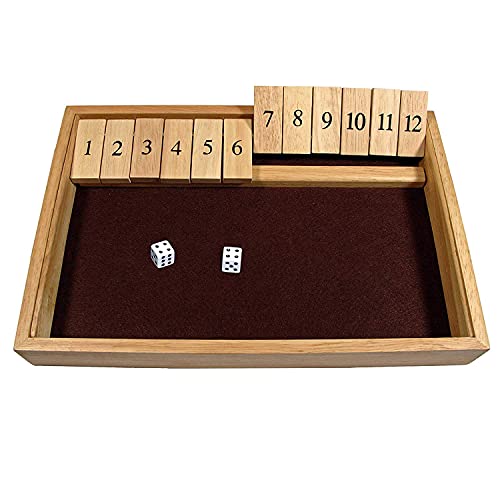 WE Games Deluxe Shut The Box Dice Board Game – 12 Number Flip Tiles with Natural Wooden Box – Large, 14 inches