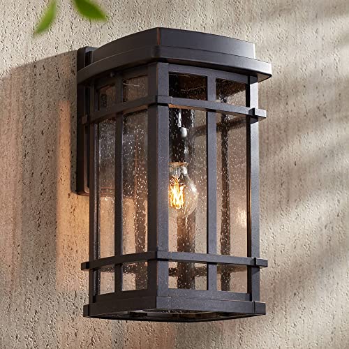 John Timberland Neri Mission Industrial Box-Shaped Outdoor Wall Light Fixture Oil Rubbed Bronze 16″ Clear Seedy Glass for Exterior House Porch Patio Outside Deck Front Door Garage Garden Home