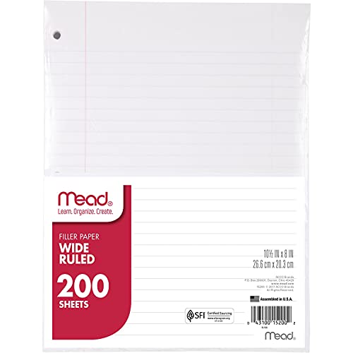 Mead Loose Leaf Paper, Wide Ruled, 200 Sheets, Standard 10-1/2″ x 8″, Lined Filler Paper, 3 Hole Punched for 3 Ring Binder, Writing & Office Paper, College, K-12 or Homeschool, 1 Pack (15200) , White