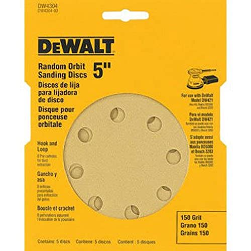 DEWALT DW4304 5-Inch 8 Hole 150 Grit Hook and Loop Random Orbit Sandpaper (5-Pack) , Beige