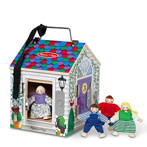 Melissa & Doug Take-Along Wooden Doorbell Dollhouse – Doorbell Sounds, Keys, 4 Poseable Wooden Dolls – Portable Doll House, Doorbell House For Kids Ages 3+