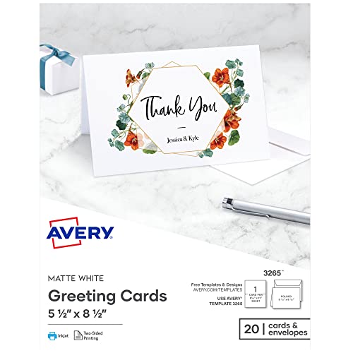 Avery Printable Greeting Cards, Half-Fold, 5.5″ x 8.5″, Matte White, 20 Blank Cards with Envelopes (3265)