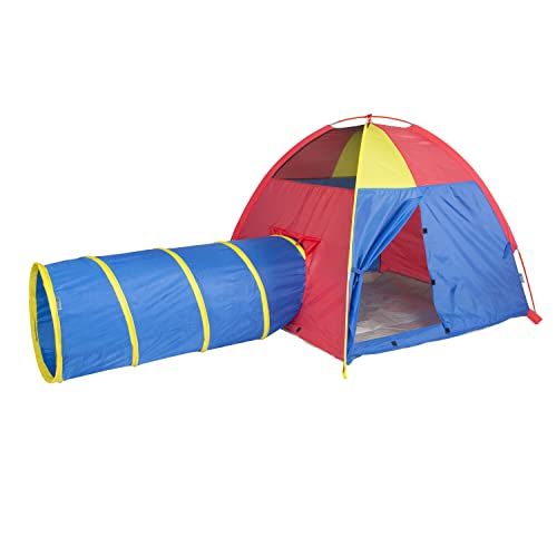 Pacific Play Tents 20414 Kids Hide-Me Dome Tent and Crawl Tunnel Combo for Indoor/Outdoor Play Red/Yellow/Blue