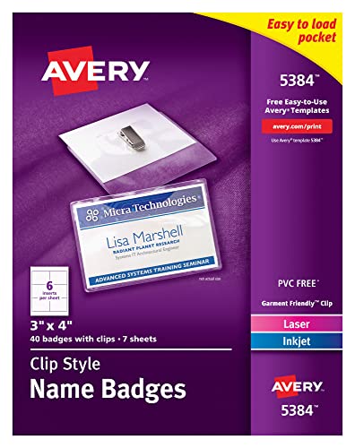 Avery Top-Loading Garment-Friendly Clip Style Name Tags, 3″ x 4″, Box of 40 (5384)