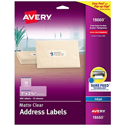 AVERY Matte Frosted Clear Address Labels for Inkjet Printers, 1″ x 2-5/8″, 300 Labels (18660)