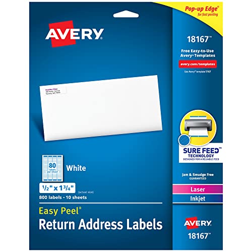 Avery Printable Return Address Labels with Sure Feed, 0.5″ x 1.75″, White, 800 Blank Mailing Labels (18167)