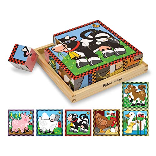 Melissa & Doug Farm Wooden Cube Puzzle With Storage Tray – 6 Puzzles in 1 (16 pcs) – Toddler Animal Puzzle -FSC-Certified Materials