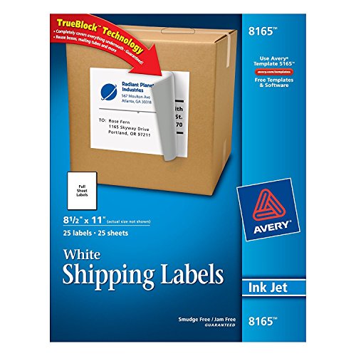Avery Shipping Address Labels, Inkjet Printers, 25 Labels, Full Sheet Labels, Permanent Adhesive, TrueBlock (8165)