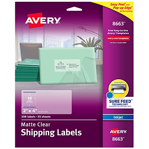 Avery Printable Shipping Labels with Sure Feed, 2″ x 4″, Matte Clear, 250 Blank Mailing Labels (8663)