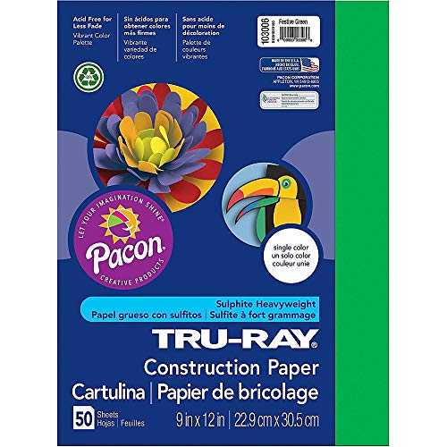 PACON Tru-Ray® Heavyweight Construction Paper, Festive Green, 9″ x 12″, 50 Sheets (103006)