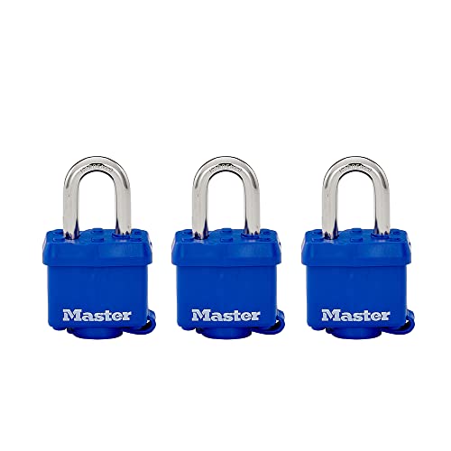 Master Lock 312TRI Laminated Padlock with Key & Thermoplastic Shell, Blue, Pack of 3 Keyed-Alike