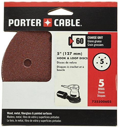 PORTER-CABLE 735500605 5-Inch 60 Grit Five-Hole Hook & Loop Sanding Discs (5-Pack)