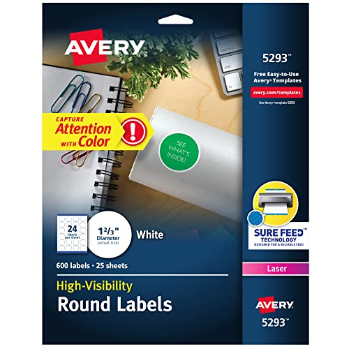 Avery High Visibility Printable Round Labels with Sure Feed, 1-2/3″ Diameter, White, 600 Customizable Blank Labels (5293)