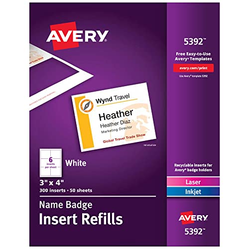 Avery Name Badge Inserts, Print or Write, 3 x 4 Inch, 300 Card Stock Refills (5392), White