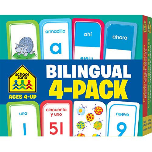 School Zone – Bilingual Spanish/English 4-Pack Flash Cards – Ages 4+, Preschool, Kindergarten, Alphabet, ABC’s, Basic Sight Words, Numbers 1-100, Colors, Shapes, ESL, Language Immersion, and More