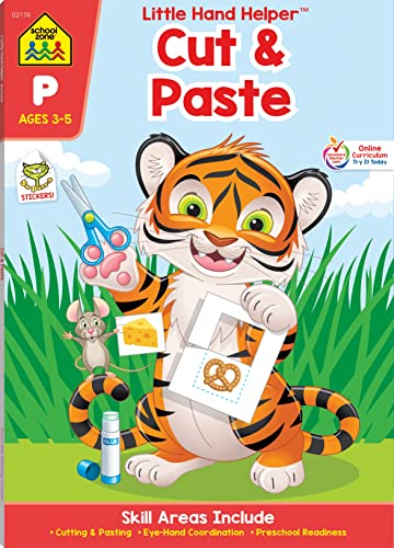 School Zone – Cut & Paste Skills Workbook – 32 Pages, Ages 3 to 5, Preschool, Kindergarten, Scissor Cutting, Gluing, Stickers, Counting, and More (School Zone Little Hand Helper™ Book Series)