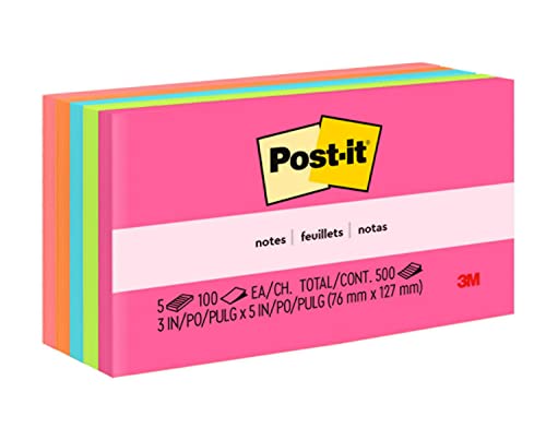 Post-it Notes, 3 in x 5 in, 5 Pads, America #1 Favorite Sticky Notes, Cape Town Collection, Bright Colors (Magenta, Pink, Blue, Green), Clean Removal, Recyclable (655-5PK)