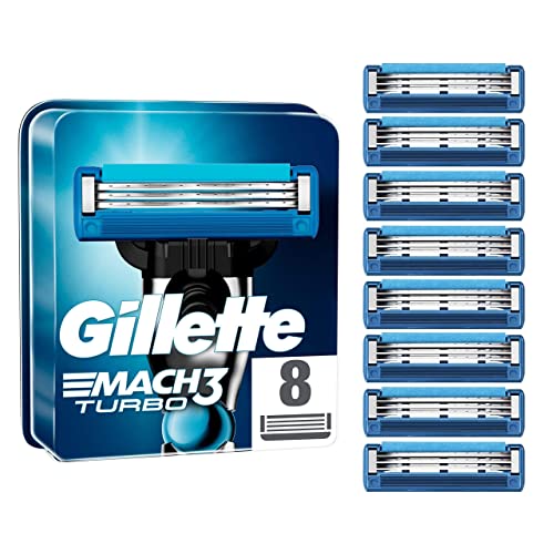 Gillette Mach3 Turbo Razor Blades Men, Pack of 8 Razor Blade Refills, Stronger Than Steel Blades, Enhanced Lubrastrip
