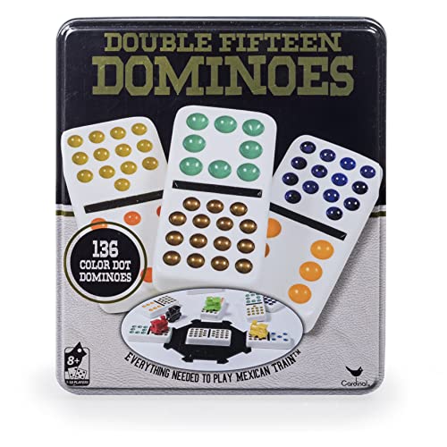 Double Fifteen Dominoes Set Color Dot Classic Board Game 2-10 Players in Metal Tin, for Adults and Kids Ages 8 and up