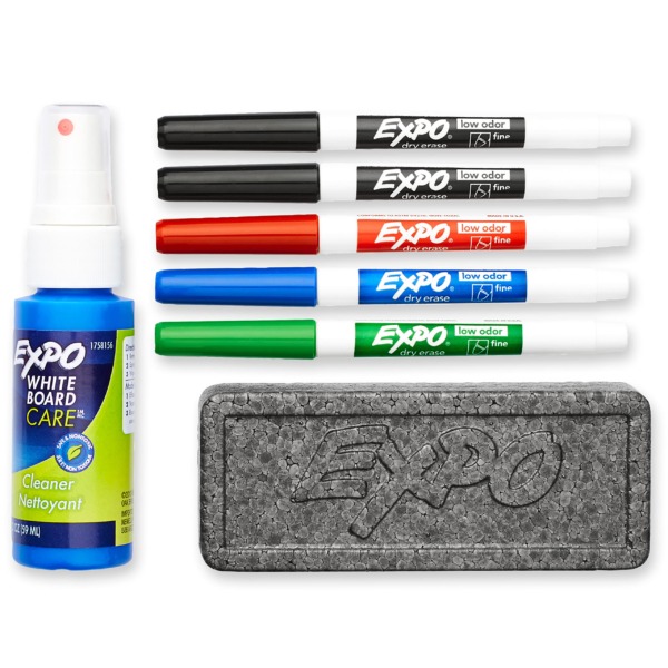 EXPO Low Odor Dry Erase Marker Starter Set, Fine Tip, Assorted Colors, 7-Piece Kit