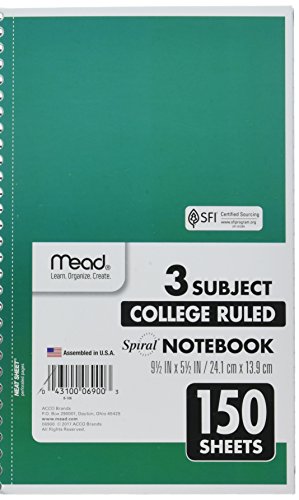 Mead Spiral Notebook, 3 Subject, College Ruled Paper, 150 Sheets, 9-1/2″ x 5-1/2″, Color Selected For You (06900)