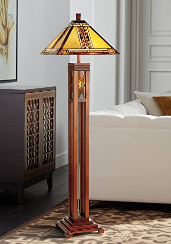 Robert Louis Tiffany Mission Rustic Tiffany Style Floor Lamp with Night Light 62.5″ Tall Walnut Wood Column Square Geometric Stained Glass Shade Decor for Living Room Reading House Bedroom