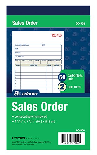 Adams Sales Order Book, 2-Part, Carbonless, White/Canary, 4-3/16 x 7-3/16 Inches, 50 Sets per Book (DC4705)