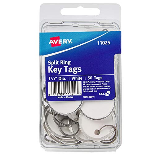 AVERY Metal Rim Key Tags, 1.25″ Diameter Tag, Metal Split Ring, White, 50 Tags (11025)