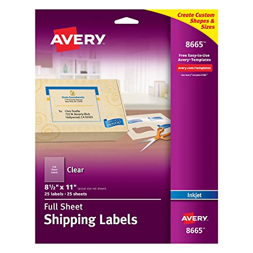 Avery Matte Frosted Clear Full Sheet Labels for Inkjet Printers, 8.5″ x 11″, 25 Labels (8665)