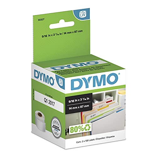 DYMO Authentic LabelWriter 1-Up File Folder Labels for LabelWriter Label Printers, White, 9/16” x 3-7/16”, 2 Rolls of 130