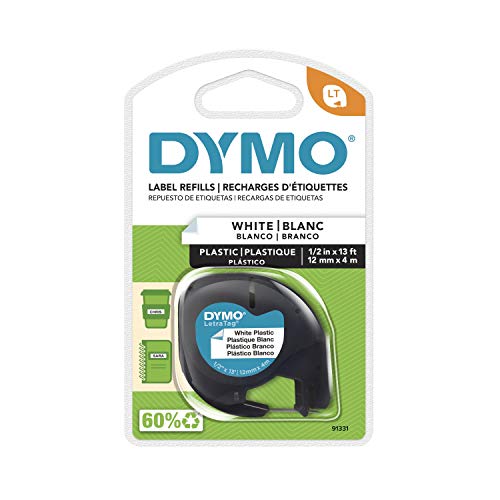 DYMO – SAN91331 91331 LetraTag Labeling Tape for LetraTag Label Makers, Black Print on White Plastic Tape, 1/2” W x 13′ L, 1 Roll