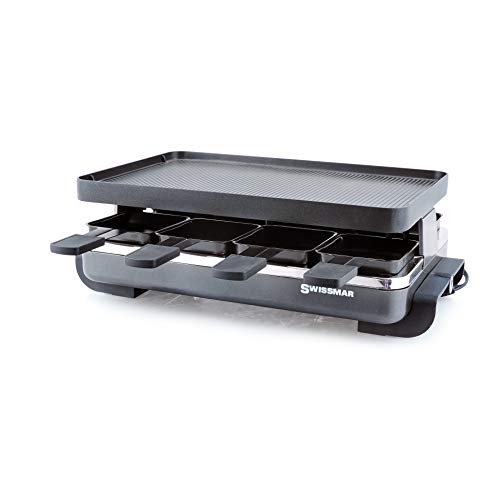 Swissmar KF-77041 Classic 8-Person Raclette Party Grill with Reversible Cast Aluminum Non-Stick Grill Plate/Crepe Top, Black