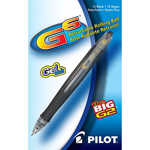 PILOT G6 Refillable and Retractable Gel Ink Rolling Ball Pen, Fine Point, Black Ink, 12-Pack (31401)