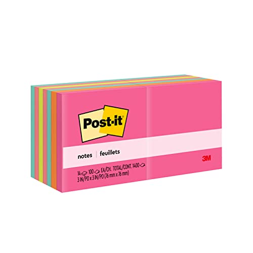 Post-it Notes, 3×3 in, 14 Pads, America’s #1 Favorite Sticky Notes, Poptimistic Collection, Bright Colors (Acid Lime, Aqua Splash, Guava, Neon Green, Power Pink, Vital Orange)Recyclable (654-14AN)