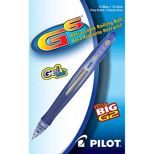 PILOT G6 Refillable and Retractable Gel Ink Rolling Ball Pen, Fine Point, Blue Ink, 12-Pack (31402)