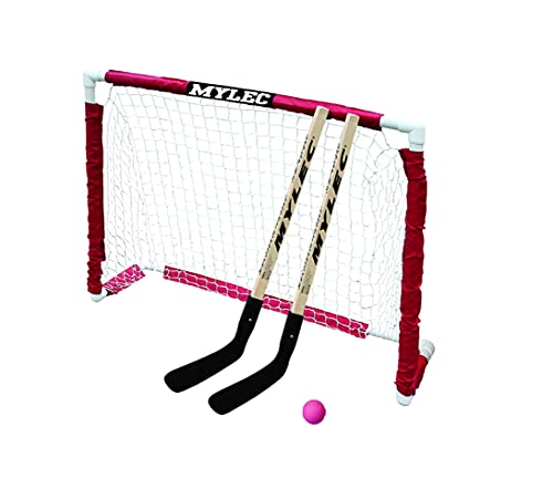 MyLec Mini Hockey Set, with 1 Hockey Goal, 2 32″ Hockey Sticks & 1 Soft Ball, Sleeve Netting System, PVC Tubing Net, Lighweight & Durable, Enhanced Grip, Pre-Curved Mini Hockey Stick (Red/White)