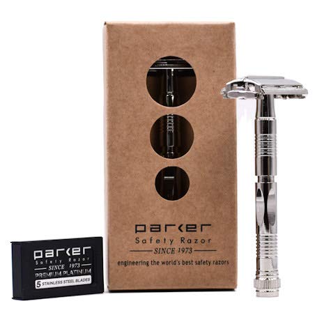 Parker Safety Razor, Parker 90R High Lustre Chrome, Long Handle Butterfly Open Double Edge Safety Razor for Men, 5 Parker Premium Platinum Double Edge Razor Blades Included